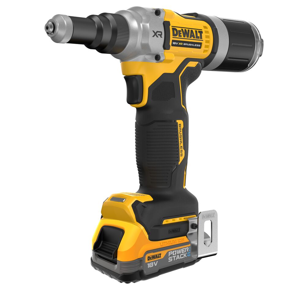 18V XR BRUSHLESS 6.4mm Rivet Tool 3/4 front view (with POWERSTACK battery)