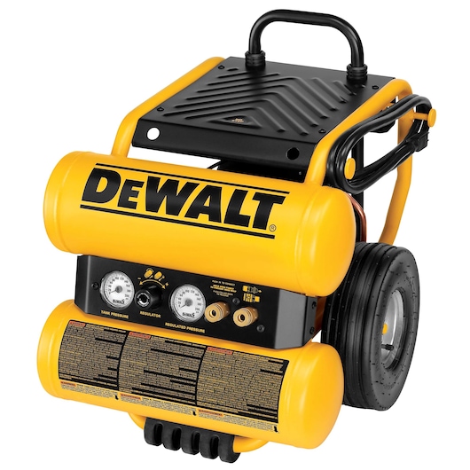 Profile of 1.1 Horsepower Continuous 4 Gallon Electric Wheeled Dolly-Style Air Compressor with Panel.