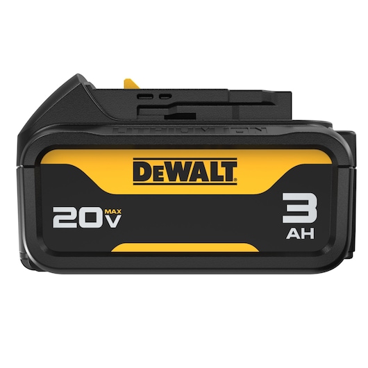 DEWALT three amp hour battery from the side with the front on the left on white