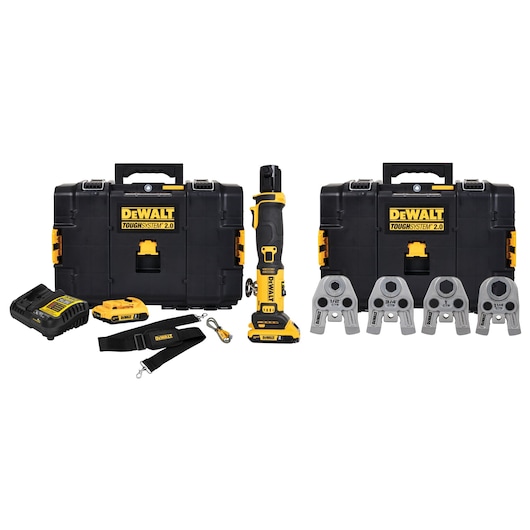 DEWALT Compact Inline Press Tool with two Tough System boxes, two batteries, charger, strap, cord, and jaws
