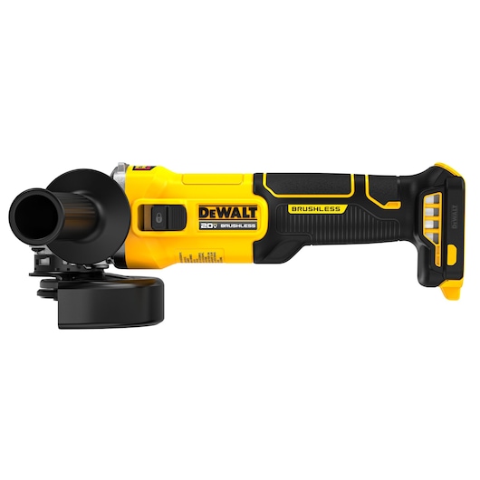 DEWALT 4.5" Slide Switch Small Angle Grinder viewed straight on showing the front side on white background