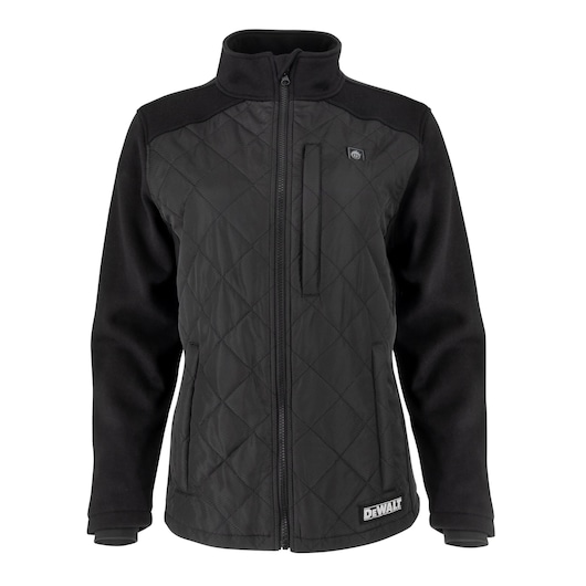 FRONT STRAIGHT ON VIEW OF BLACK HEATED DCHJ102 WOMEN'S JACKET WITH LONG SLEEVES, ZIPPERED FRONT, DEWALT(R) LOGO NEAR THE HEM
