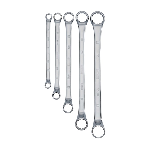 Profile of DEWALT 5 piece full polish offset double box wrench set.
