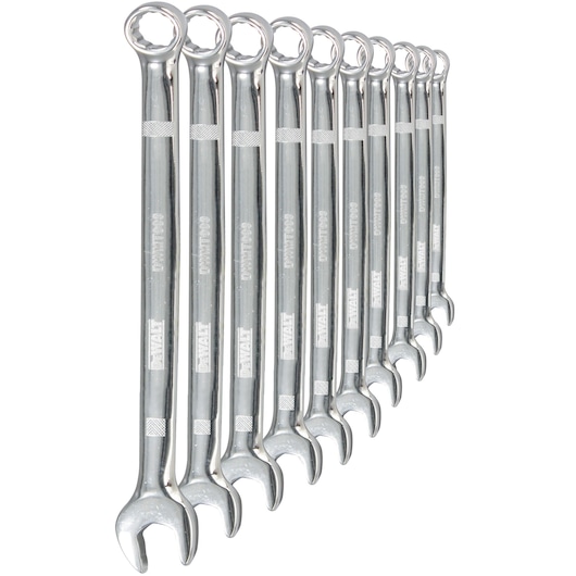 Side view of DEWALT 10 piece combination metric wrench set.