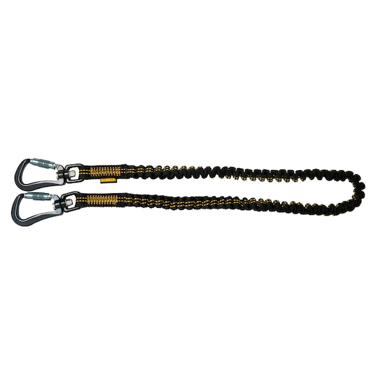 Front view of the DEWALT Power Tool Lanyard Dual Carabiner 75", 25 lb. capacity"