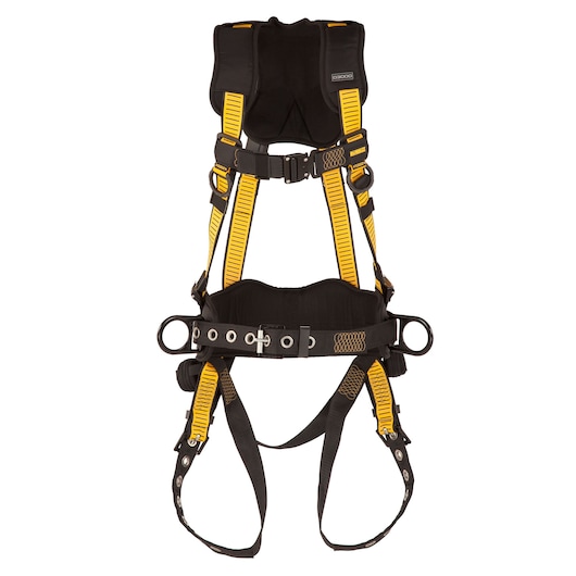 Front view of DEWALT D3000 HARNESS Vest Style, w/belt 5-Point, Back and Side D-Rings, QC Chest, TB Legs