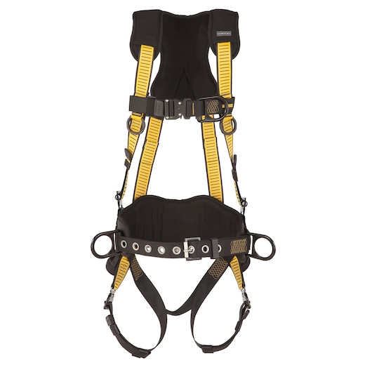 Front view of DEWALT D3000 HARNESS Vest Style, w/belt 5-Point, Back, Front and Side D-Rings, QC Chest, QC Legs