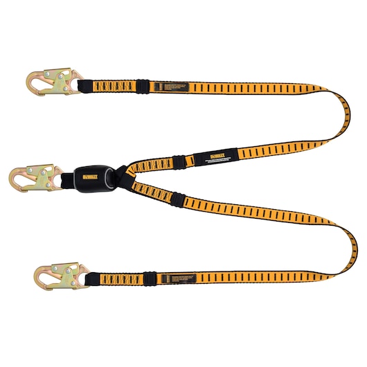 Front view of DEWALT 6 Ft. [1.8M.] TWIN LEG LANYARD External Absorber, with Snaphooks on Both Ends