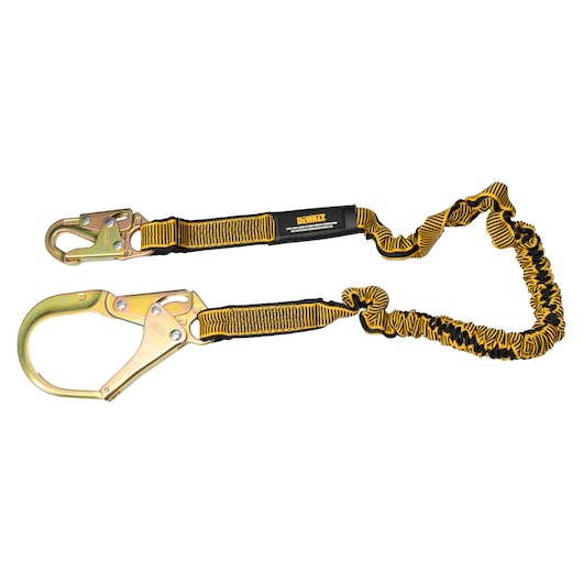 Front view of DEWALT 6 Ft.[1.8M.] SINGLE LEG LANYARD Internal Absorber, 4’ to 6’ Stretch Lanyard With Steel Snaphook on D-Ring End and Steel Rebar Hook on Anchor End