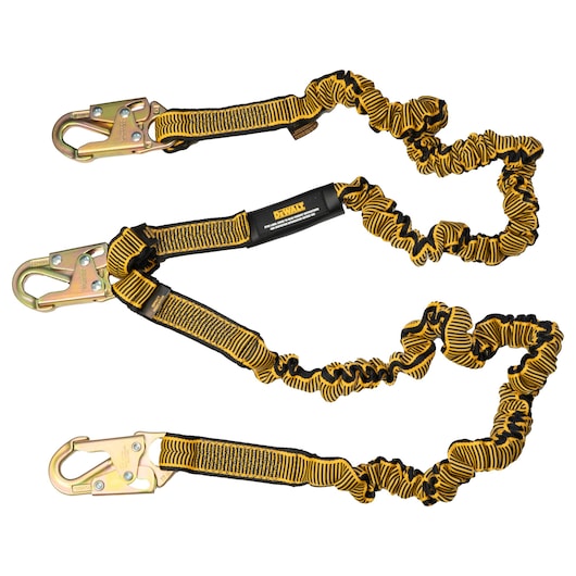 Front view of DEWALT 6 Ft.[1.8M.] TWIN LEG LANYARD Internal Absorber, 4’ to 6’ (1.2-1.8 M.) Stretch Lanyard With Steel Snaphook on All Ends