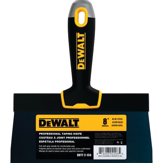 Profile of the Blue Steel Drywall Taping Knife with Soft Grip Handle in packaging.